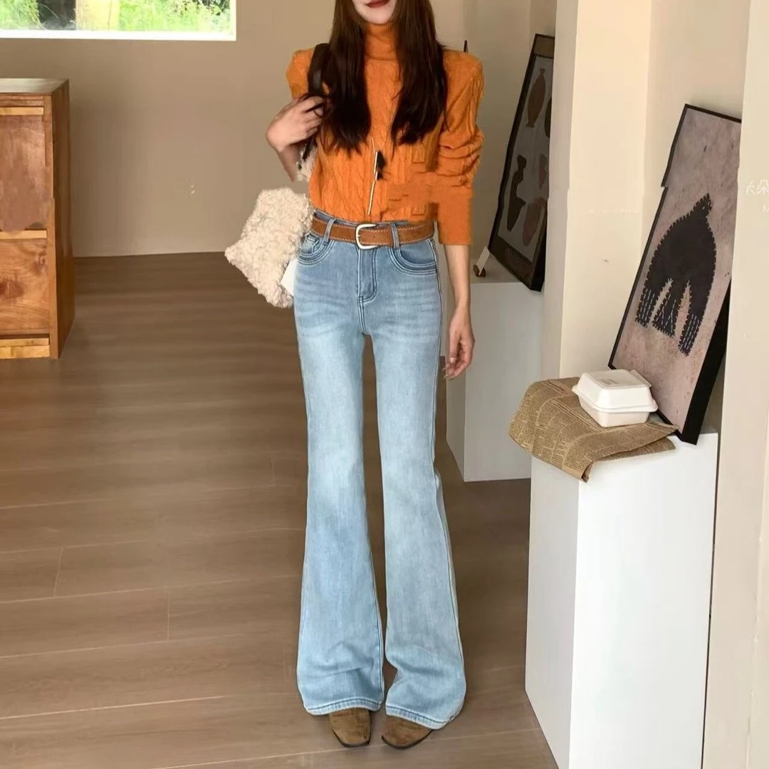 冬季新款加绒显瘦高腰喇叭牛仔裤女