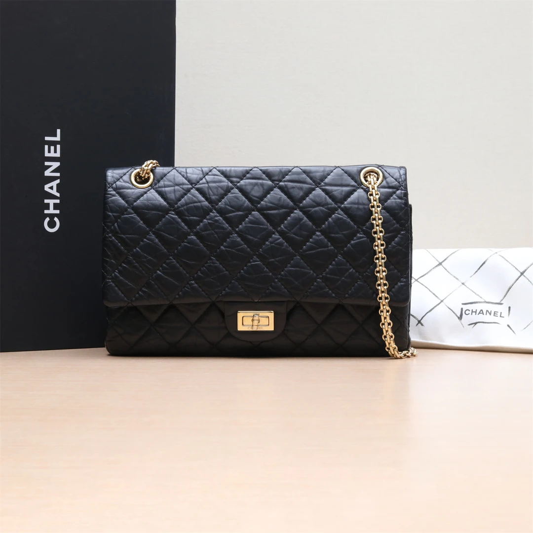 95新 Chanel/香奈儿 黑黑精选 2.55 口盖包 大号 14开 金扣