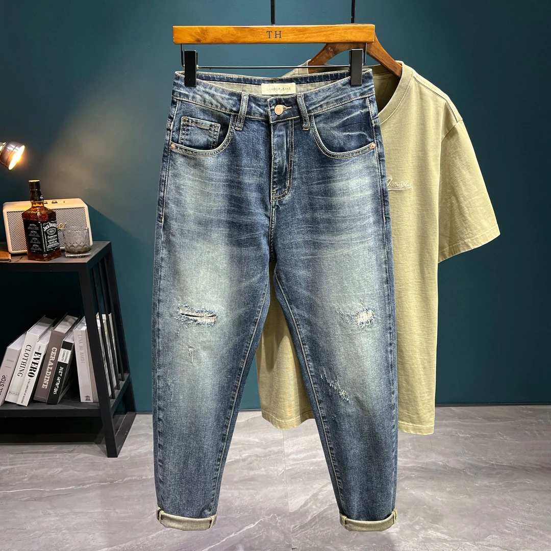 (长裤)新款修身弹力小脚牛仔裤男做旧水洗破洞复古时尚百搭休闲裤