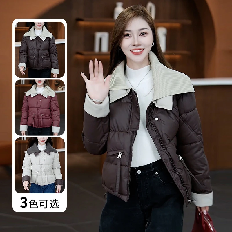 设计感双层翻领短款PU皮棉服女2025冬季新款小个子洋气保暖外套潮