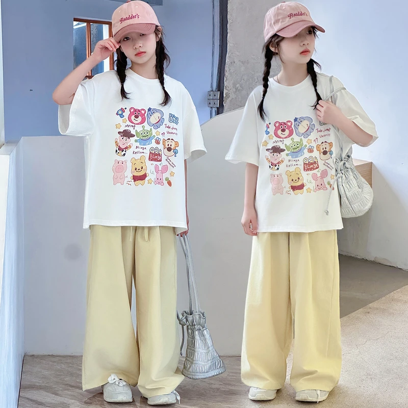 女童夏季短袖套装洋气2025中大童新款时尚两件套阔腿裤夏装长款