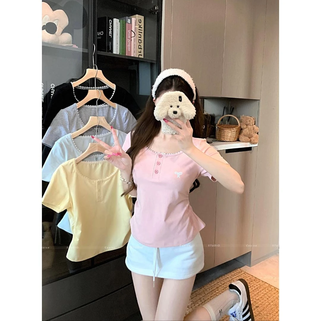 【圆圆脸】蕾丝花边短袖T恤女2025夏季新款褶皱收腰显瘦正肩体恤T恤