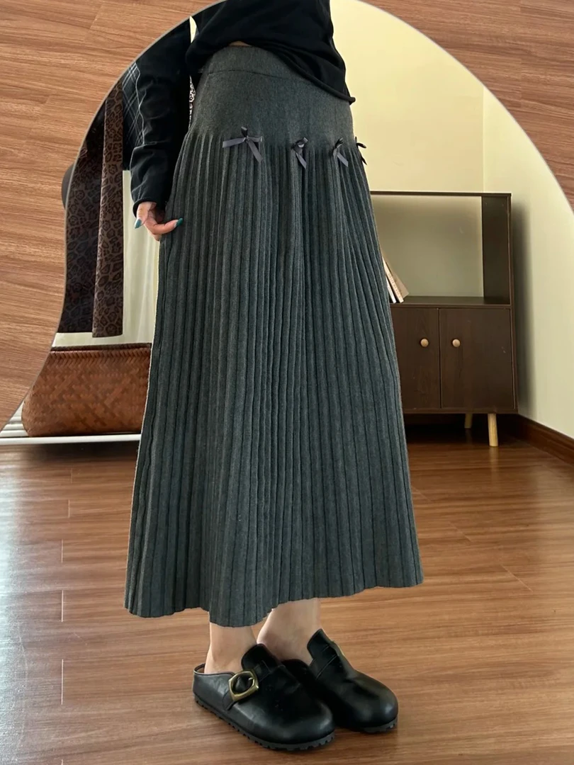 灰色百褶半身裙秋冬长款蝴蝶结拼接miu系针织裙胖mm梨形身材a字裙