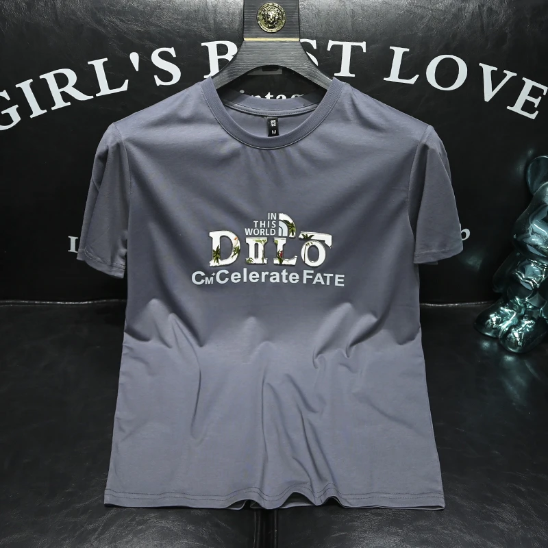 霍科比特夏季高端圆领印花短袖t恤男士修身百搭时尚潮流休闲半袖