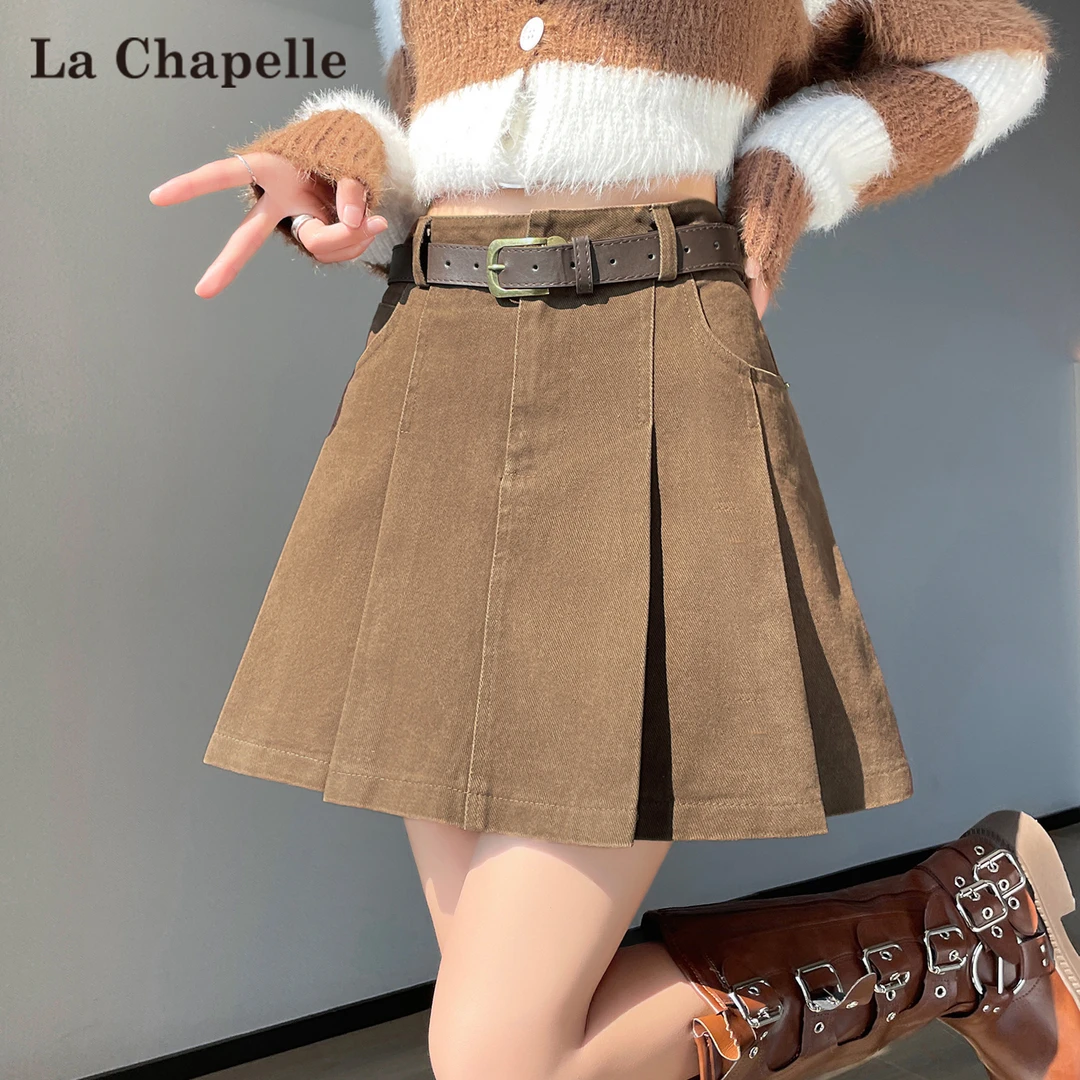 拉夏贝尔美拉德咖色百褶半身裙女2025秋季新款高腰显瘦辣妹风短裙