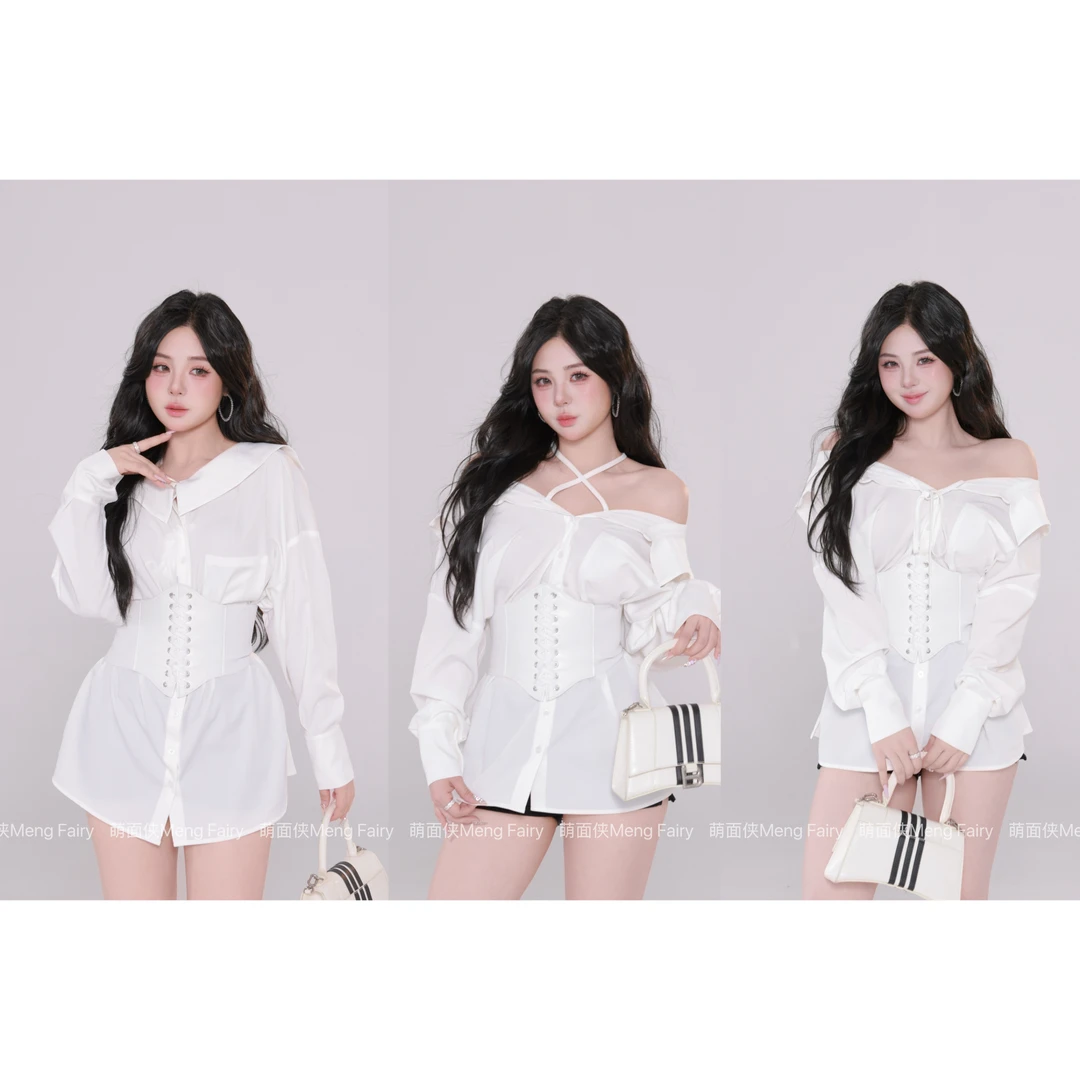 现货萌面侠【悸动罗曼史】三穿设计感纯色长袖收腰显瘦衬衫5801M