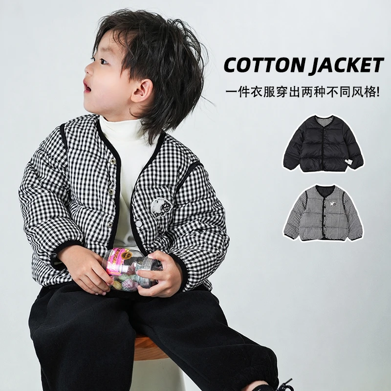 【JMJQ 201561】 冬季韩版时尚双面穿格子净色无领防风保暖羽绒服