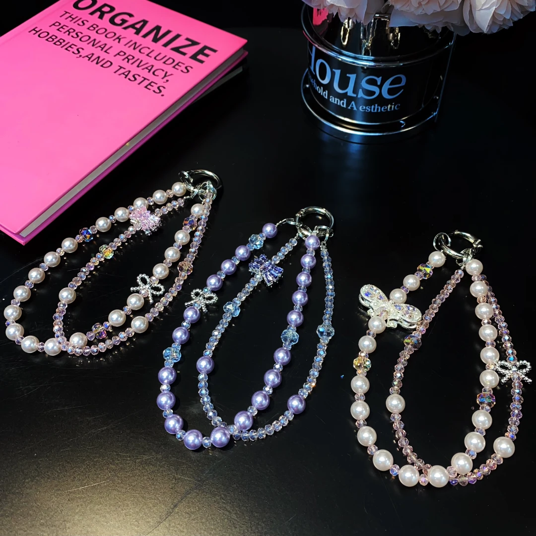 ins风水钻蝴蝶结手机链水晶双链珍珠挂饰创意链条高级感车挂链