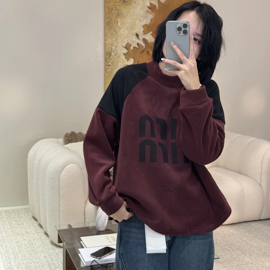 喜樂2024双面奥粒绒字母拼接撞色卫衣冬季新款时尚百搭休闲保暖女