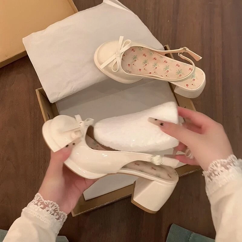 法式粗跟后空玛丽珍单鞋女2025夏季新款仙女风凉拖鞋蝴蝶结高跟鞋