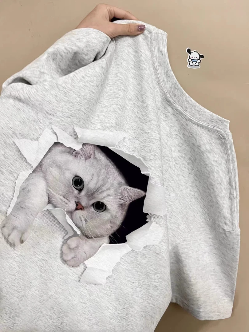 胖mm300斤欧洲站夏季新款韩版猫咪印花上衣胖mm宽松欧货短袖t恤女