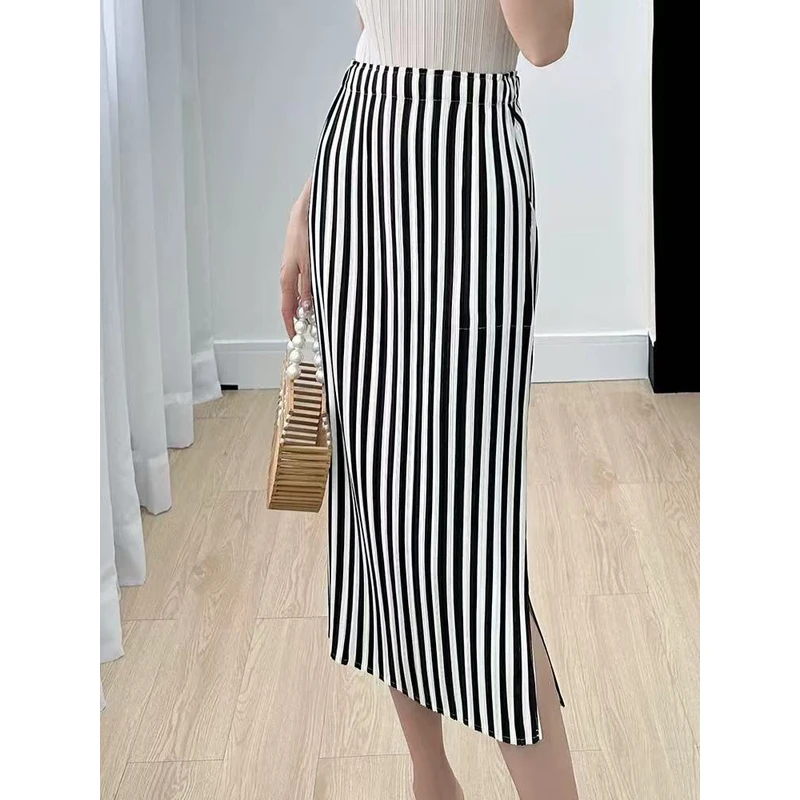 1370 设计感小众条纹半身裙女松紧高腰直筒开叉裙子