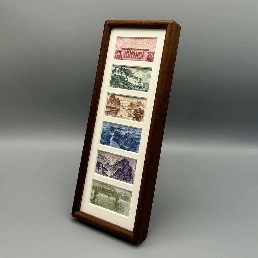 六连框黑胡桃相框简约立式增运多金画框摆台钱币人民币装饰画轻奢