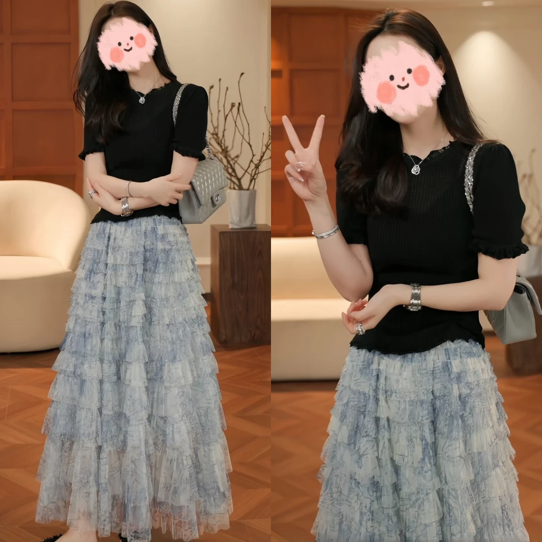 2025春季欧若风新款短袖针织打底衫百搭长款绝美蛋糕裙两件套女