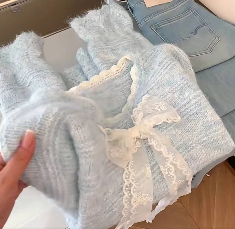 2025秋冬季新蝴蝶结口袋圆领保暖时尚针织毛衣家居服加绒加厚上衣