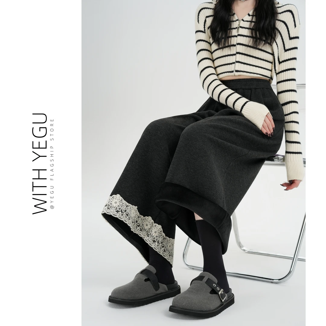 复古深灰色蕾丝花边毛呢阔腿裤女秋冬季九分休闲裤小个子加绒裤子