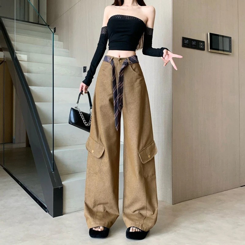 设计感美式复古口袋工装阔腿裤女秋季新款百搭时尚直筒休闲拖地裤