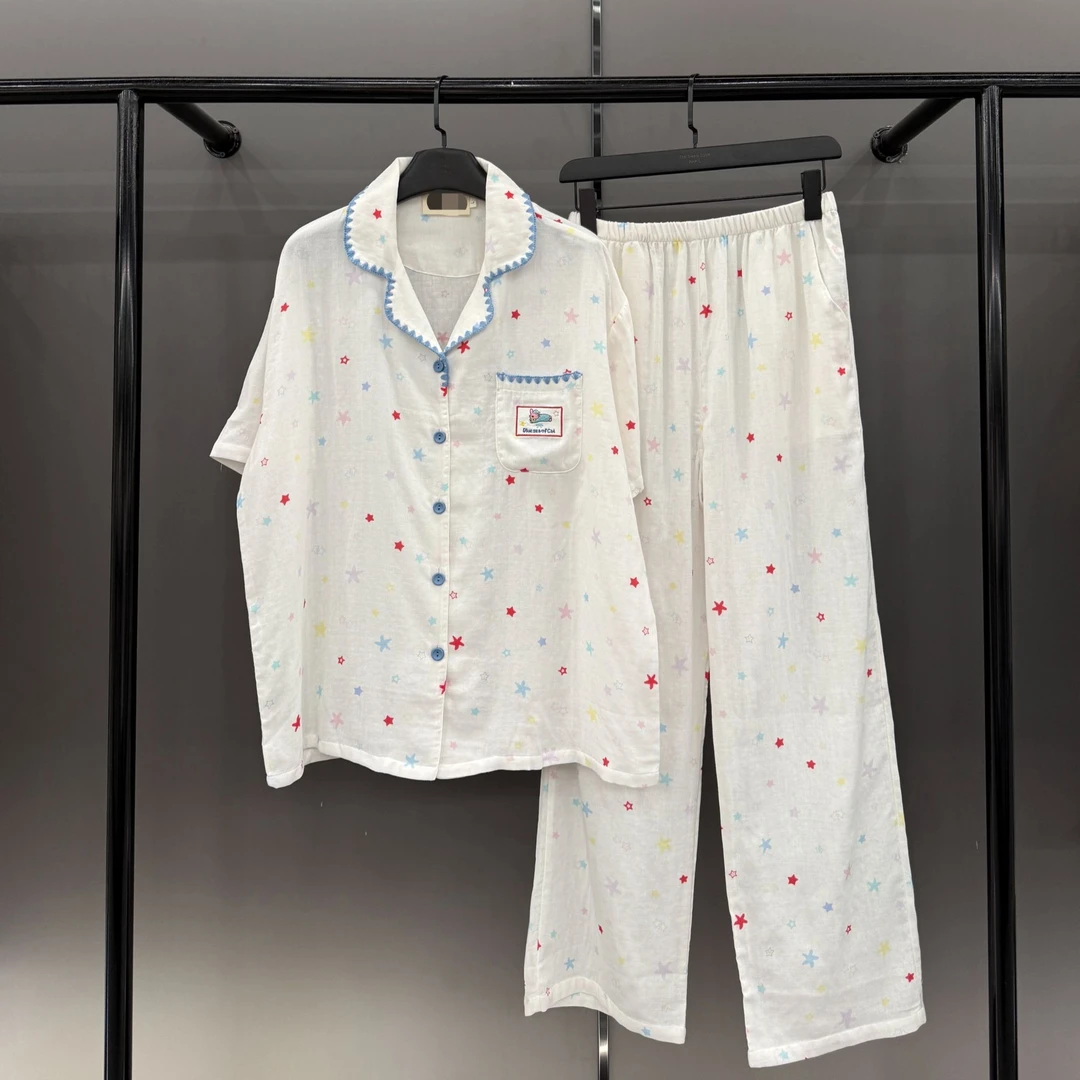 【彩色星星-短袖款】夏款透气吸汗纯棉棉纱短袖居家服睡衣