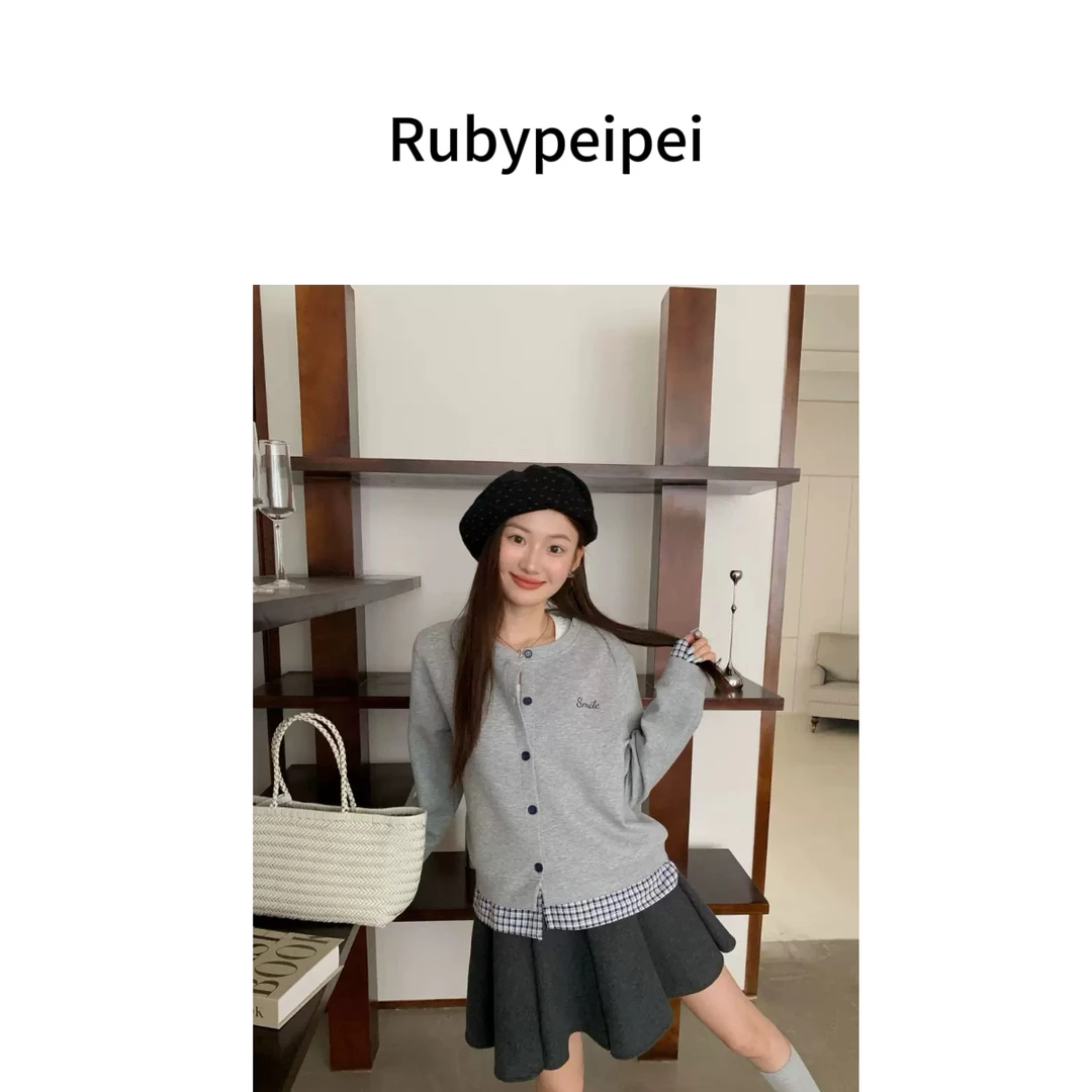 【Ruby佩】新品秋季学院风拼接格子百搭外套