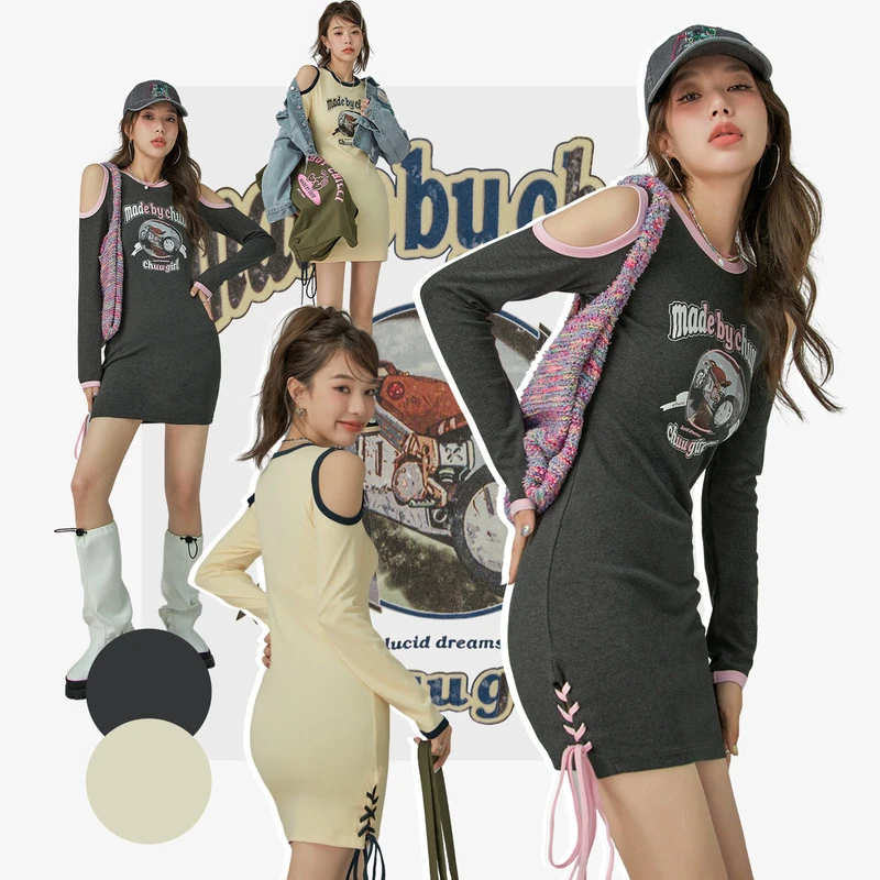 【达人专属】CHUU印花露肩长袖包臀短裙女新款辣妹抽绳连衣裙-Q