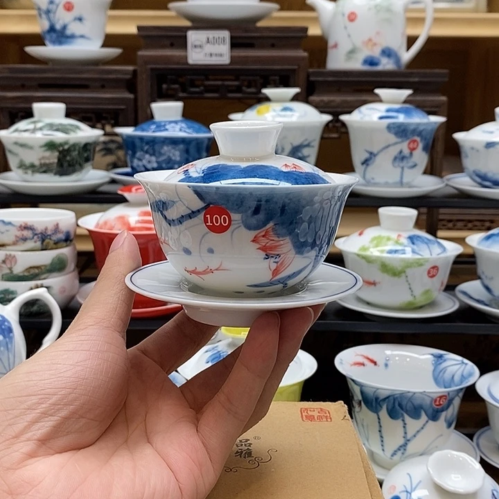 手绘荷花100cc盖碗釉下彩微瑕福利款