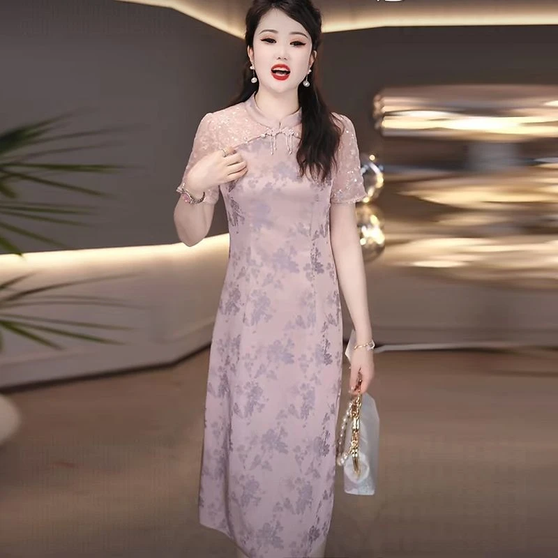 高级琉璃丝时尚洋气百搭碎花假两件礼服裙2025春夏新款显瘦连衣裙