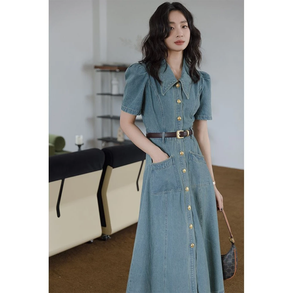风拼接仔连衣裙2024新款夏季气质时尚复古收腰中长款字裙