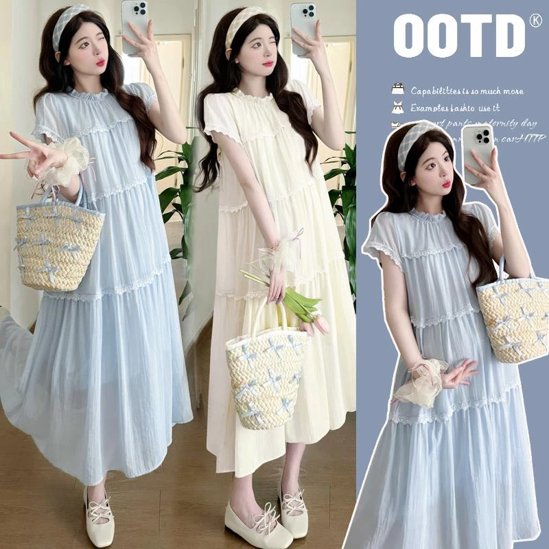 孕妇装装夏款2025新款连衣裙蕾丝花边拼接温柔大码长款裙孕期穿