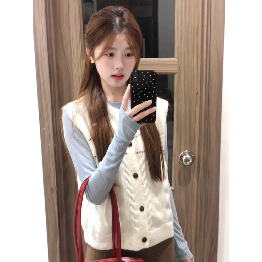 早秋季小个子叠穿外搭无袖马夹韩系学院风可爱甜美针织马甲背心女