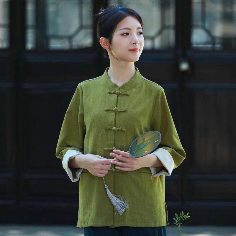 二喜茶服原创早春棉麻中国风改良轻国风新中式禅茶风盘扣唐装上衣