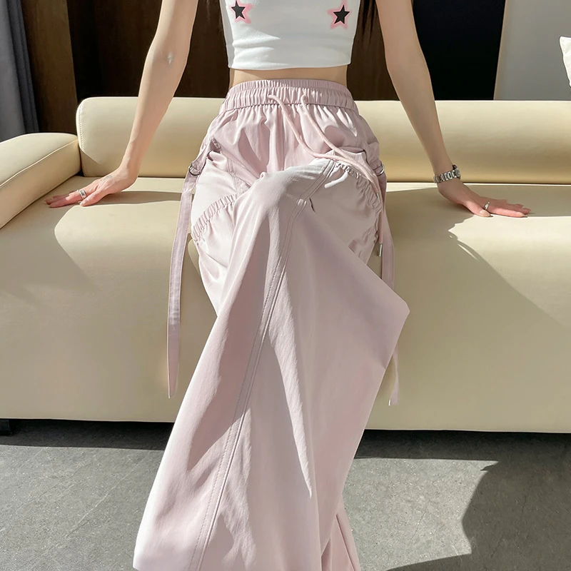 美式粉色工装裤女夏薄款2025新款酷飒风宽松直筒阔腿速干运动裤子