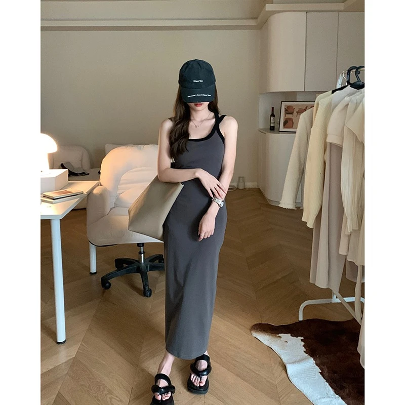 2023夏季新款辣妹性感灰色针织吊带裙女紧身显瘦后开叉包臀长裙子