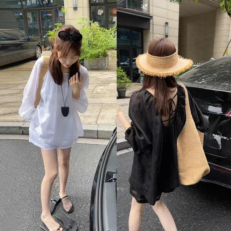 超火夏季穿搭一整套女2025新款慵懒风防晒长袖上衣休闲短裤两件套