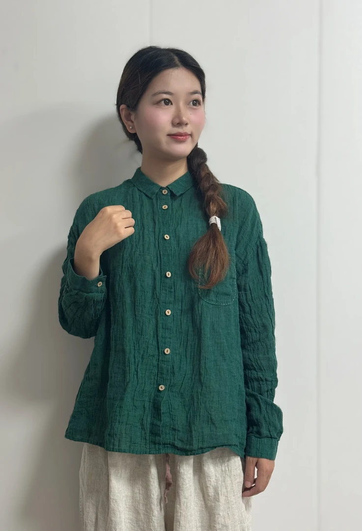秋季新款轻薄呼吸感亚麻皱衬衫二色百搭舒适长袖衬衫女H8082