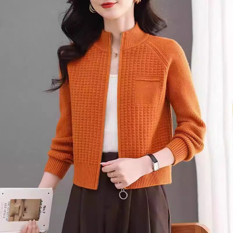 100%纯羊毛羊毛衫2025秋冬爆款百搭女立领拉链短款针织毛衣外套