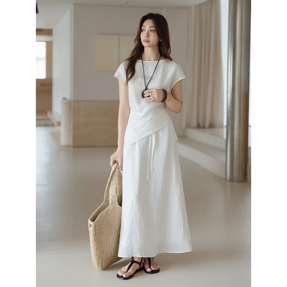 白色亚麻套装裙女夏2025新款高级感斜边T恤休闲半身裙
