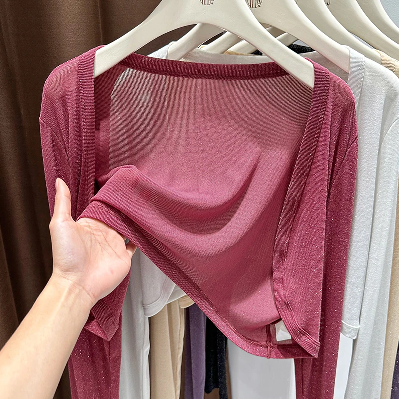 超好看亮丝网纱小开衫女新款超薄蕾丝上衣搭配裙子外穿长袖空调衫