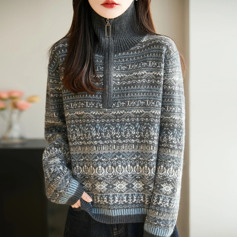 哥弟阿玛施正品费尔岛秋冬新款女立领立领羊毛针织衫宽松复古上衣