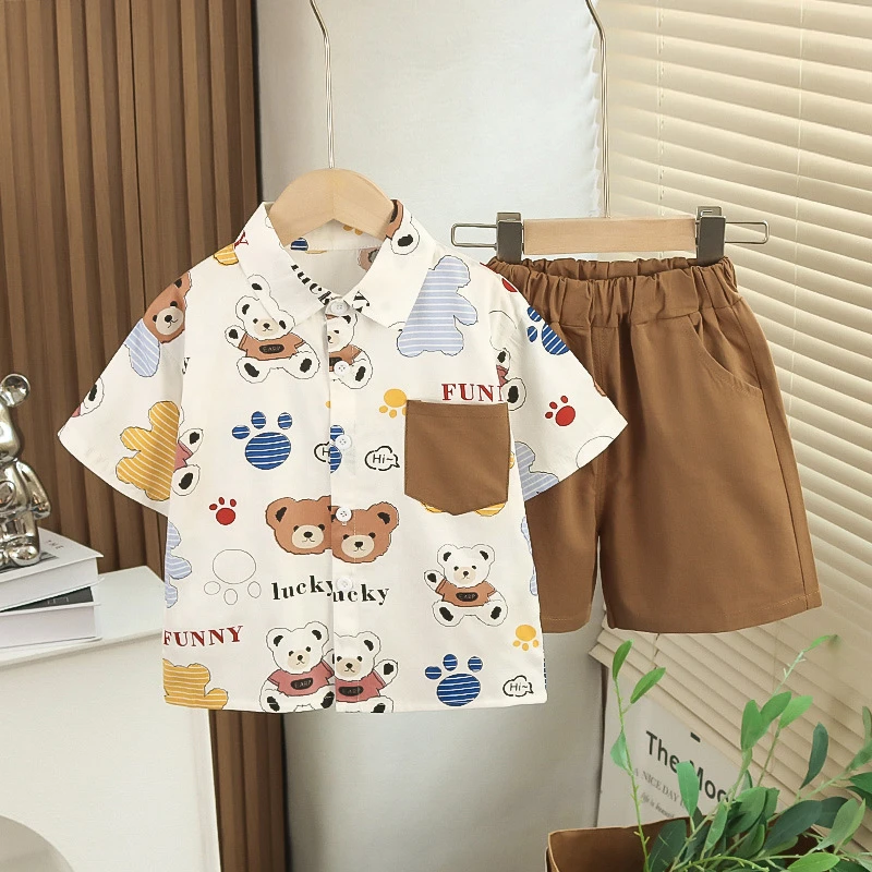 2025夏季男童时尚卡通印花短袖衬衫棉质五分短裤两件套装夏装儿童