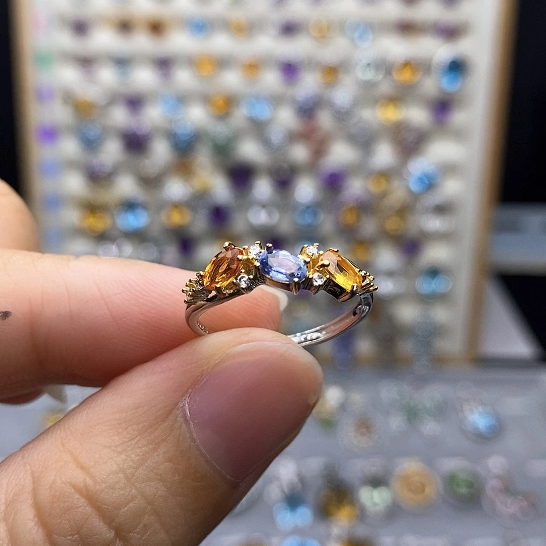 戒指蓝宝石银S925镶嵌不含证书