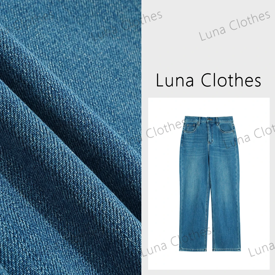 张妍LUNA‘绽蓝’经典水洗牛仔鱼骨纹九分直筒百搭休闲牛仔裤2584