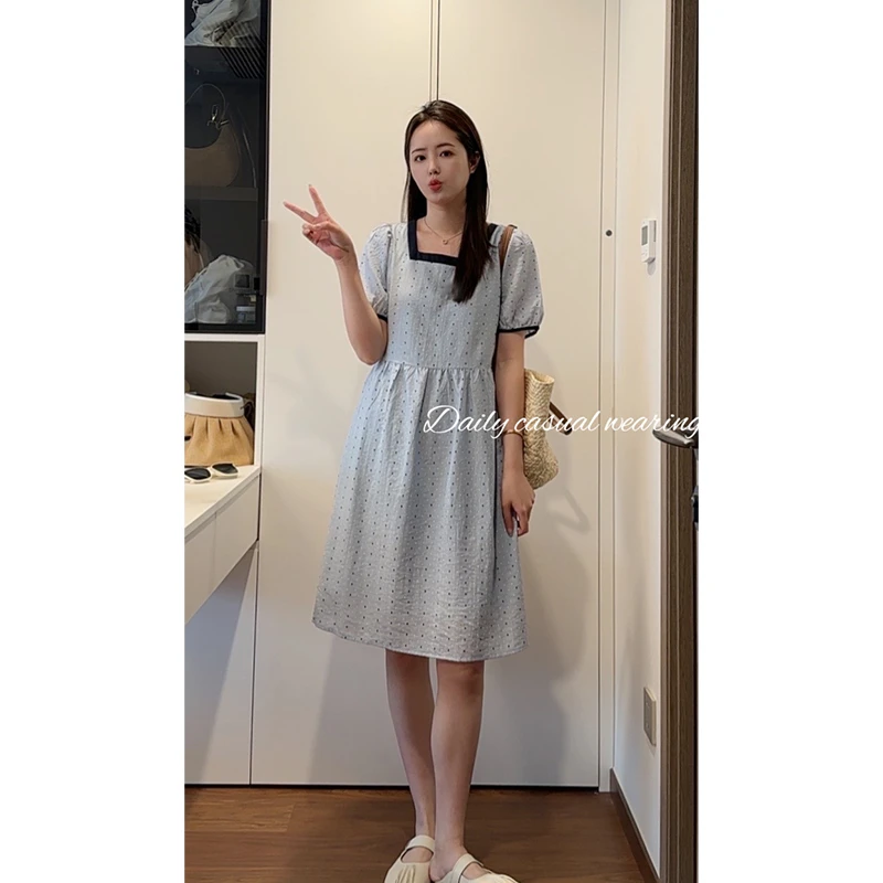 陈禧禧【方领蓝色】新款连衣裙2025爆款小个子显瘦遮肉裙子显白减龄