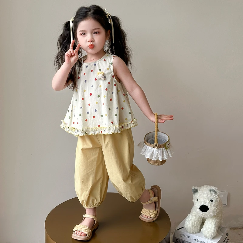 女童夏季圆点无袖夏装2025新款小童洋气背心裤子可爱休闲女宝套装