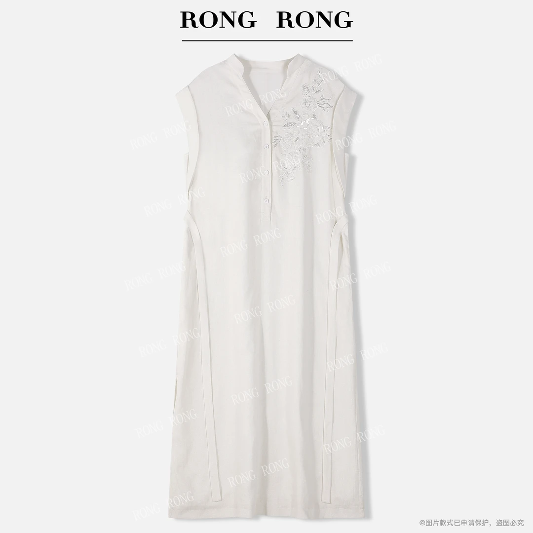 溶溶【浮光花笺】RONGRONG 莱赛尔亚麻半开襟刺绣连衣裙ZGX6L2090