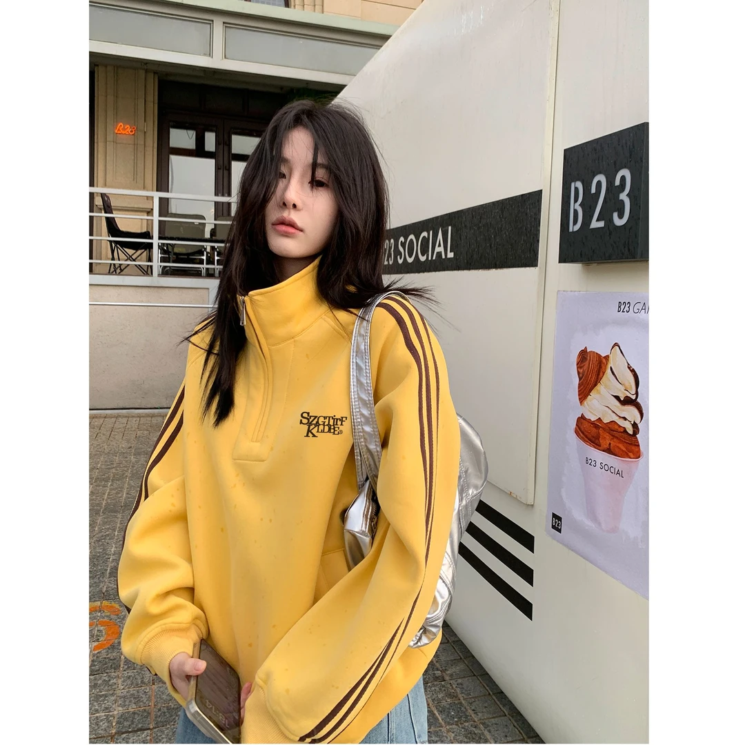 美式复古立领韩系三条杆半拉链款式休闲重磅卫衣外套女春秋上衣