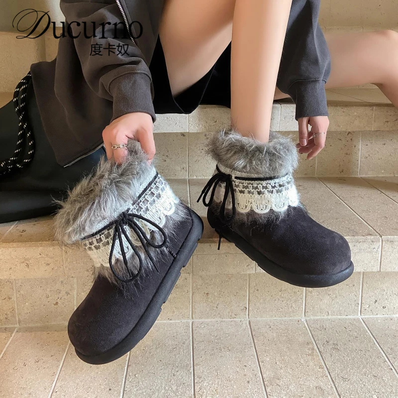 3cm平底冬季雪地靴女真皮短靴东北加厚毛毛靴拼色保暖大棉靴
