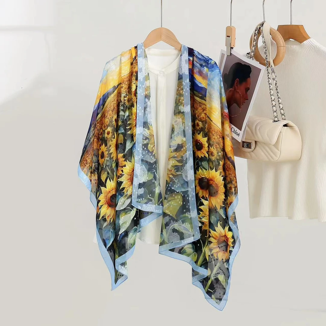 新款剪花丝巾国风女士围巾百搭时尚新中式气质款披肩-梵高油画