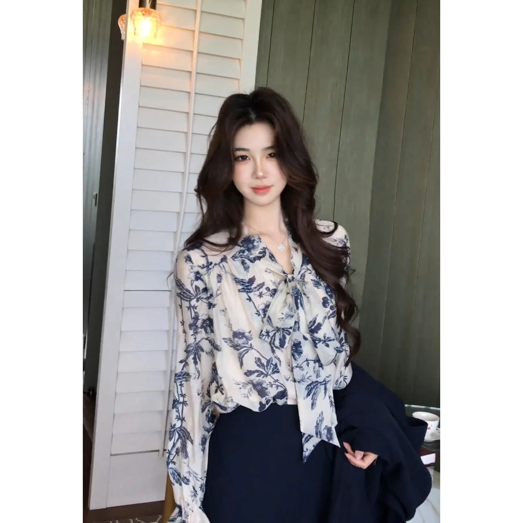 parkyeon搭高级感复古印花系带衬衫女高腰显瘦半身裙时尚气质套装