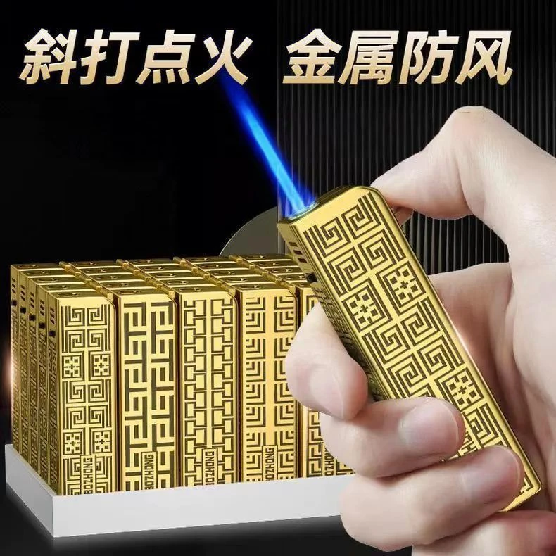 *支金属斜打蓝焰防风打火机防尘充气火机时尚复古送父亲礼物