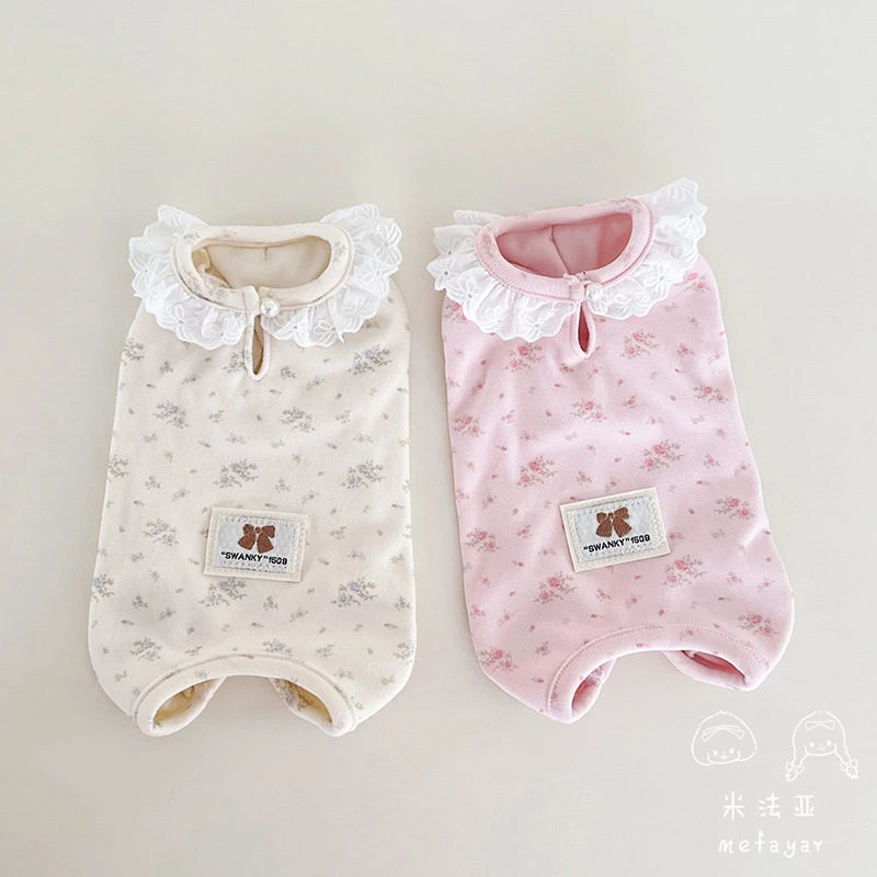 春秋冬宠物猫狗衣服碎花德绒棉蕾丝睡衣弹力四脚打底护肚居家服